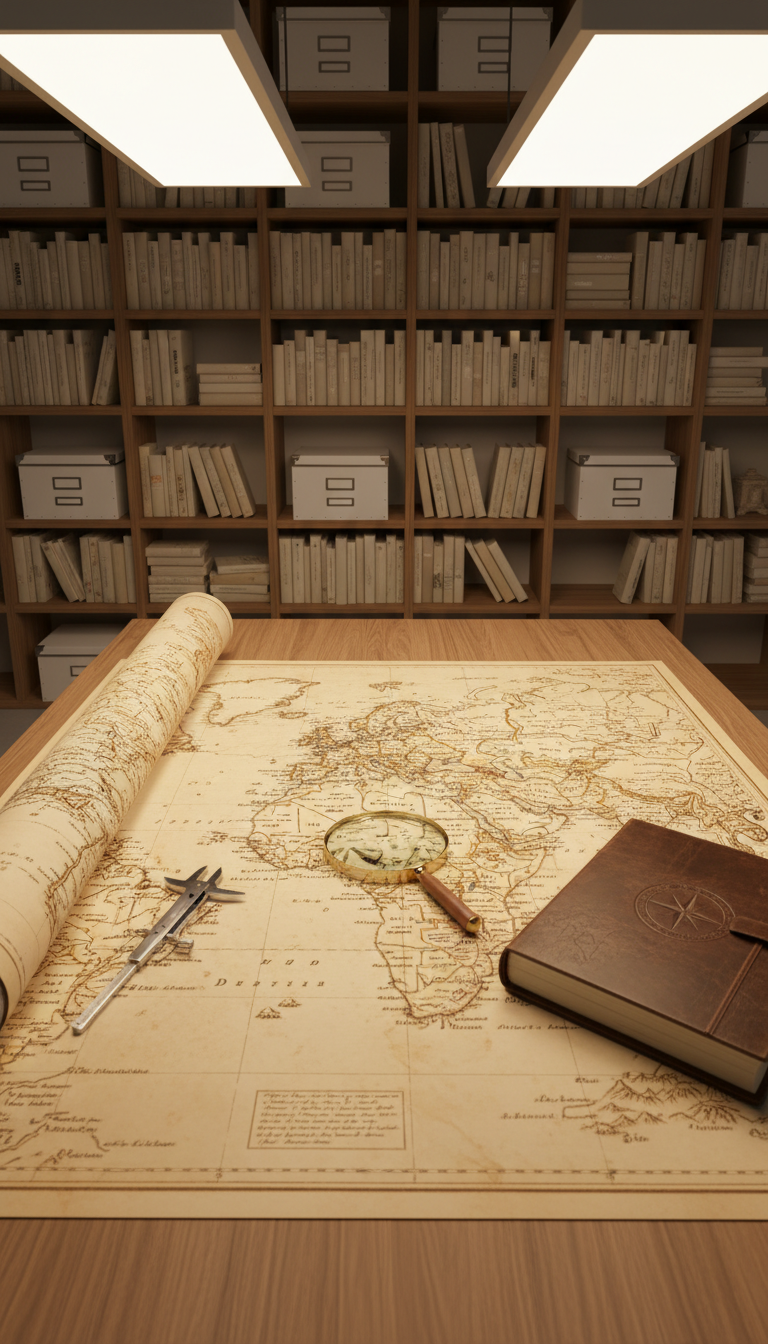 An exquisitely detailed vintage map unrolled on a broad, clean wooden table, its paper surface subtly aged with amber undertones and crisp, fine-printed lines marking historic sites and routes. Surrounding the map are an array of archival tools—stainless steel caliper, leather-bound notebook, and a glass lens—neatly arranged for research. The background features built-in shelving with neutral books and minimalistic organizational boxes, reinforcing order. Overhead, adjustable LED panel lights cast even, shadow-free illumination, creating soft highlights on the map's gentle texture. Captured from an overhead, bird's-eye view using rule of thirds composition, the image conveys intellect and precision, with a calm, methodical mood fitting a professional, documentary production workspace and photographic realism style.