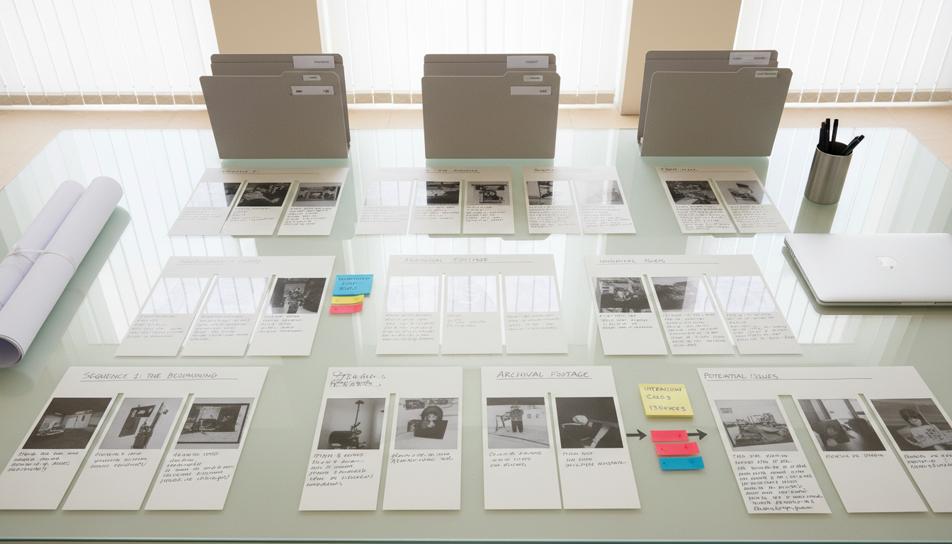 A meticulously produced documentary storyboard laid out across a long, glass-topped planning table in a bright, neutral-toned studio. Translucent storyboard frames are mounted on matte cardstock with fine pen annotations in crisp black ink. Color-coded sticky notes and structured folders are spaced in balanced intervals, while rolled architectural drawings rest at the table’s edge. To the right, a closed laptop and an elegant metal penholder complete the ensemble. Ambient daylight diffuses softly through sheer blinds, casting subtle highlights on the table’s reflective surface and light shadows along the materials’ contours. Shot from a top-down angle with flawless focus and a symmetrical, centered composition, the mood is methodical and inspired, embodying the clean, photographic corporate aesthetic of professional historical media planning.
