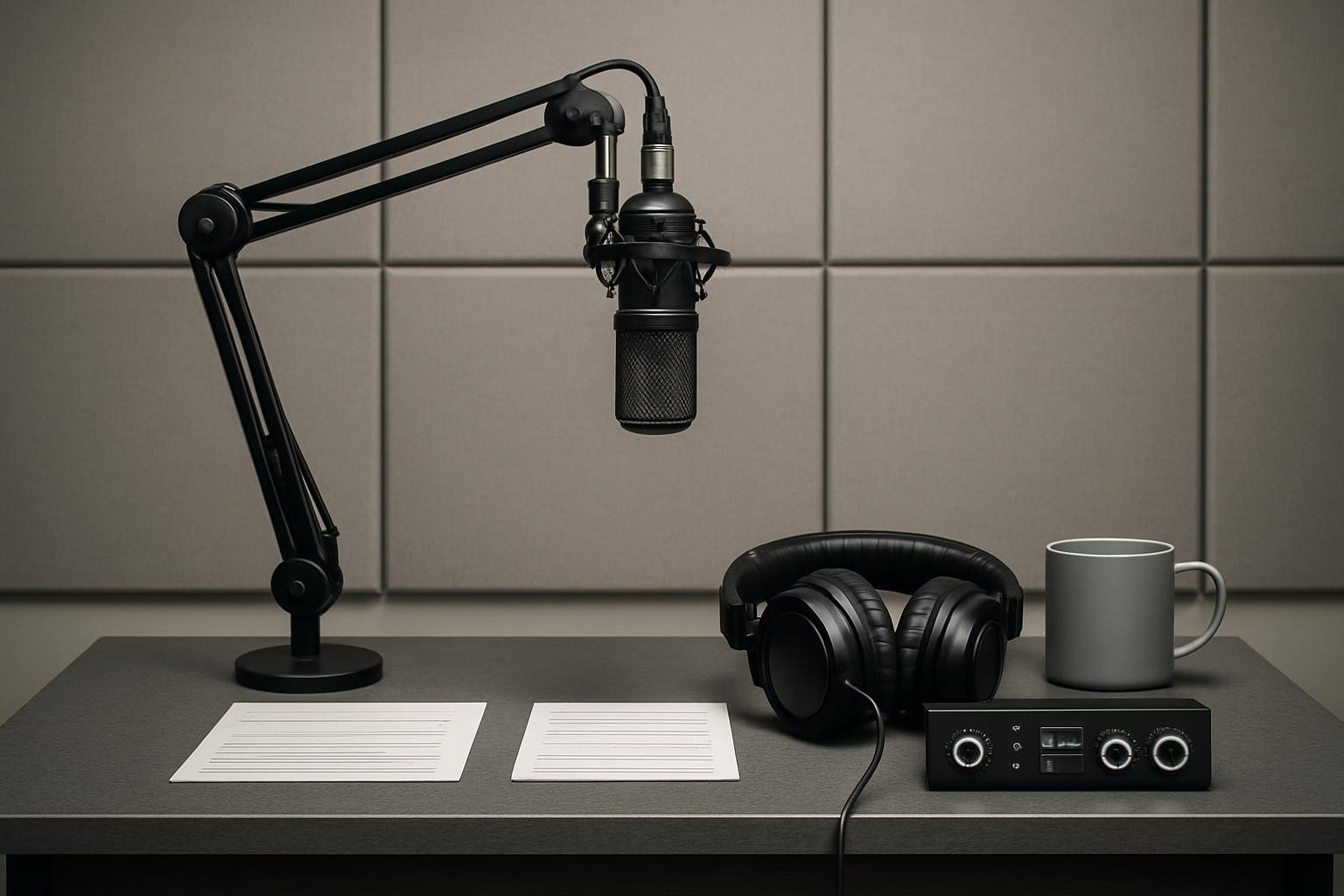 A sophisticated audio recording desk made of ash-gray laminate with brushed metal trim, featuring a state-of-the-art condenser microphone on an articulated arm, noise-canceling headphones, and an illuminated control interface with crisp, backlit dials. Arranged symmetrically on the desk are structured cue cards and a minimalist ceramic mug. Behind, neutral acoustic panels line the wall for both function and aesthetic cohesion. Balanced overhead lighting bathes the workspace in a soft, even tone, bringing subtle luster to the microphone's mesh and edge. Captured straight-on at eye-level with sharp, architectural framing and medium depth of field, the mood is focused and inventive—a clean, corporate composition ideal for a professional podcast production in keeping with the photographic and structured site style.